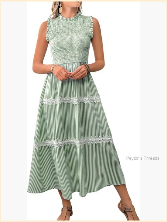 Dresses & Skirts - Sleeveless Smocked Flowy Tiered Midi Dress, Casual Striped Sundress
